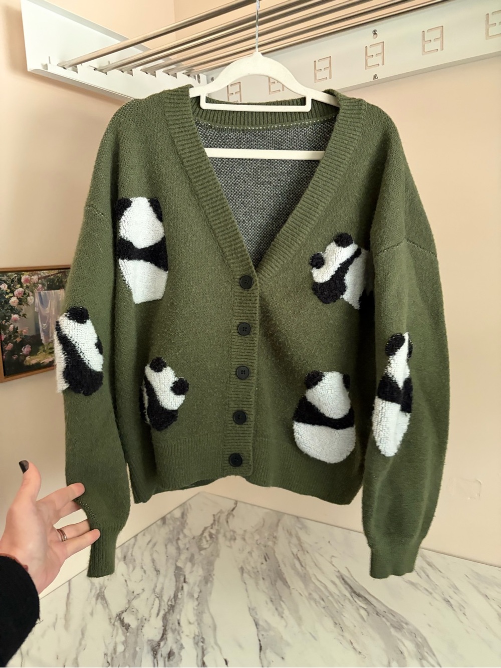 Cider Olive Green Panda Intarsia V-Neck Cardigan
